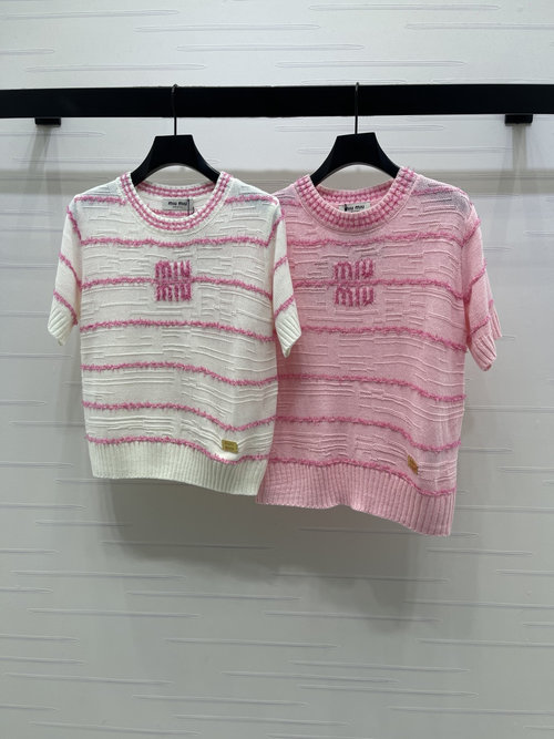 Miu Miu Round Neck Striped Short - Sleeve Knit with Logo