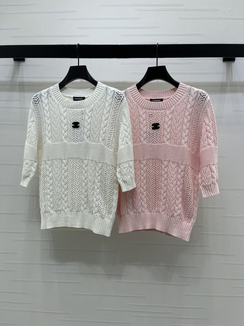 Chanel Hollow Round Neck Knit Short Sleeve with Double C Logo