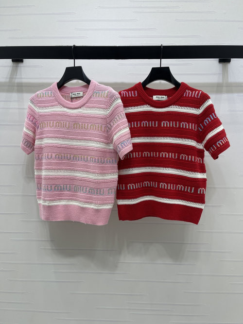 Miu Miu High - Quality Short - Sleeve Knit with Color - Block Stripes and Logo