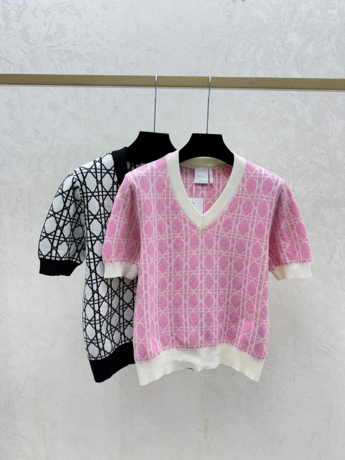 Dior Contrasting Pink and Black Diamond V Neck Knit Short Sleeve