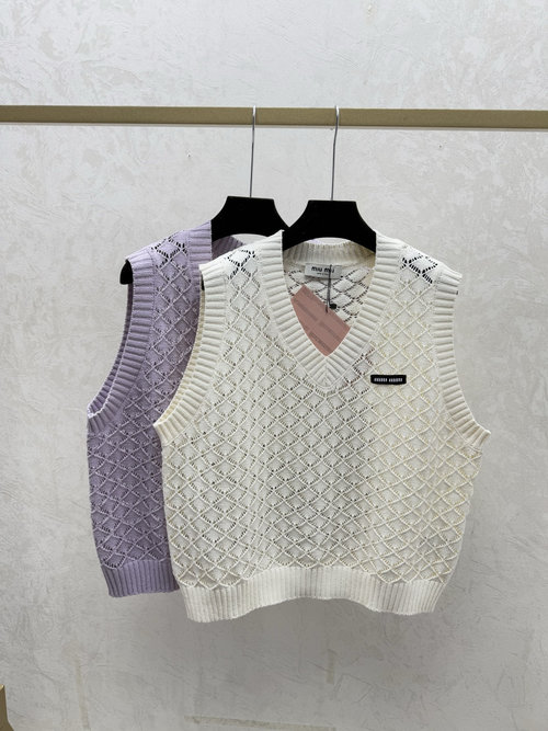 Miu Miu Solid White and Purple Hollow Diamond V Neck Knit Vest