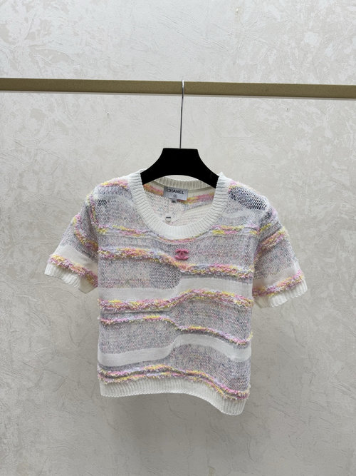 Chanel Pink Color-Blocked Jacquard Round-Neck Knitted Short-Sleeve