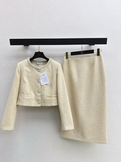 Chanel Champagne Round Neck Coat and Pencil Skirt Suit