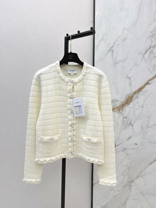Chanel Bespoke Cashmere Cardigan with Tassel and Intricate Grid Pattern