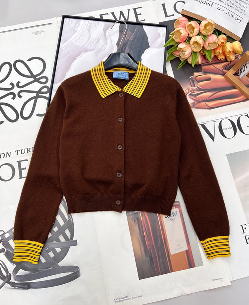 Prada Color-Block Turn-Down Collar Cardigan with Triangle Logo