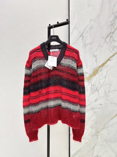 Dior V-Neck Red-Black Stripe Mohair Sweater, Unique