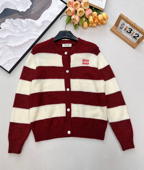 Miu Miu Soft Wool Blend Cardigan with Striped Contrast and Embroidery