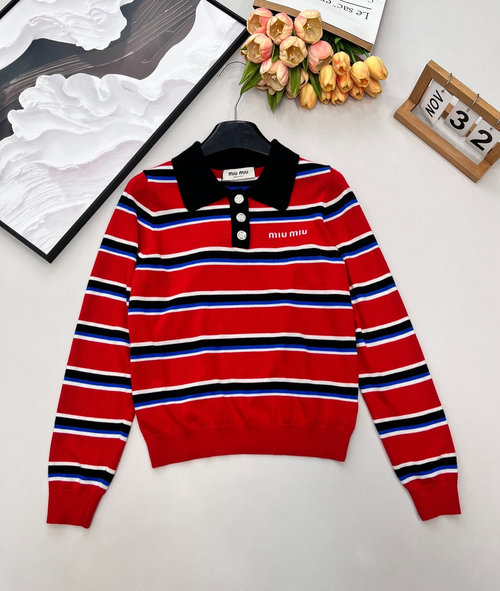 Miu Miu Retro Polo Collar Color-block Knit Sweater, Cozy