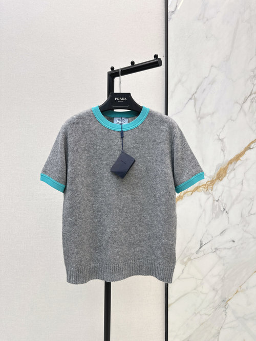 Prada Cashmere Short-Sleeved Sweater with Ribbed Collar