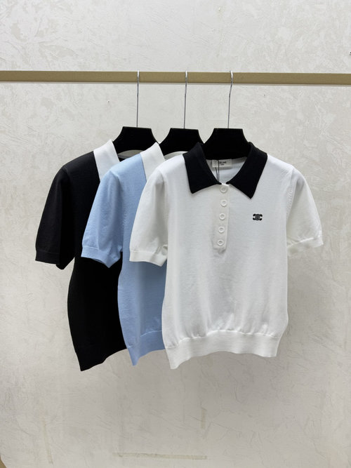 Celine Contrast Color V-Neck Knit Short Sleeve in White, Blue, Black