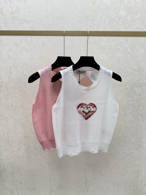 Miu Miu Delicate Beaded Contrast Round Neck Knit Vest Blouse