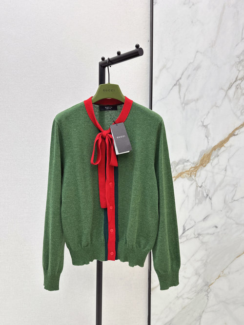 Gucci Red Bow Green Cashmere Knitted Cardigan with Classics