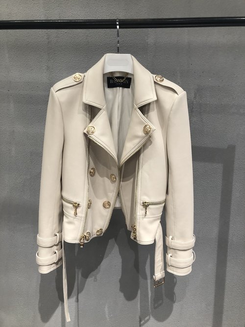 Balmain White Leather Motorcycle Jacket with Double Rows of Gold Buttons