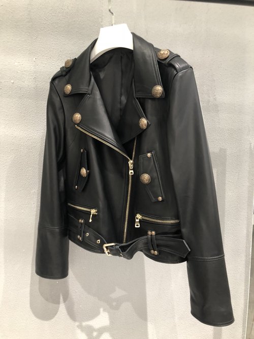 Balmain Leather Motorcycle Jacket with Vintage - styled Bronze Buttons