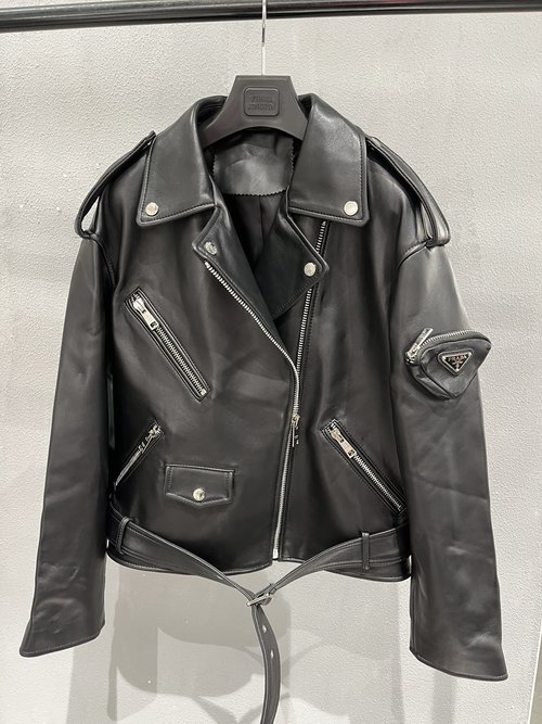 Prada Leather Motorcycle Jacket with Arm Pockets in Relaxed Style