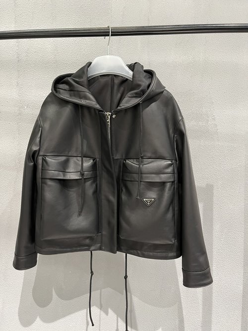 Prada Casual Sheepskin Hooded Coat with Collar Leather Tag