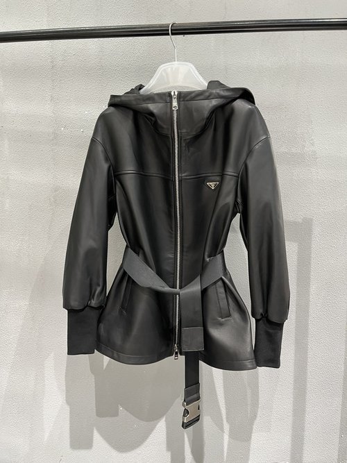 Prada Casual Sheepskin Hooded Trench Coat with Heavy Waist Buckle