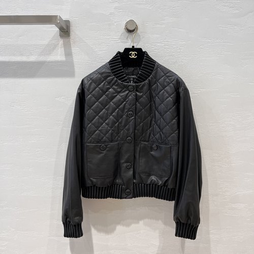 Chanel High-End Spandex-Added Quilted Leather Jacket with a Unique Design