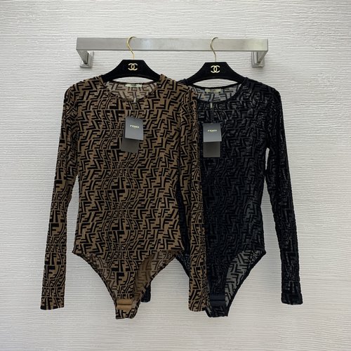 Fendi Abstract Deformed Double F Flocked Print Stretch Mesh Bodysuit