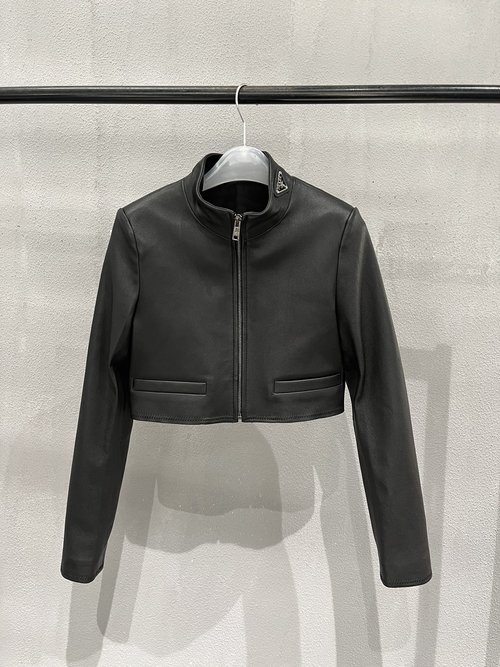 Prada High-grade Stretch Leather Fitted Ultrashort Jacket