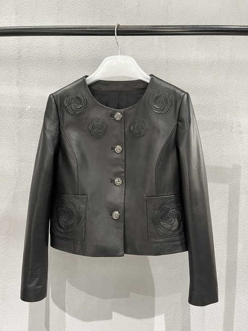 Chanel Vintage Leather Jacket with Embroidery and Hand-cut Camellia Lining