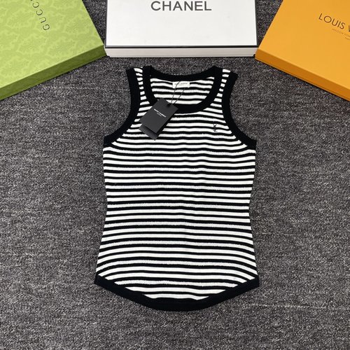 Yves Saint Laurent YSL-inspired Striped Logo Embroidery Knit Vest