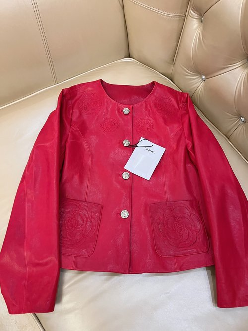 Chanel Vintage Leather Jacket with Embroidery and Hand-cut Camellia Lining