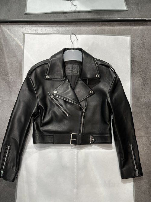 Prada Loose Fit Leather Jacket with Specific Measurements for a Comfortable Fit for Mid-Aged Users