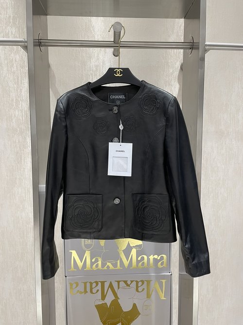 Chanel CHANEL Vintage Camellia Embroidery Leather Jacket