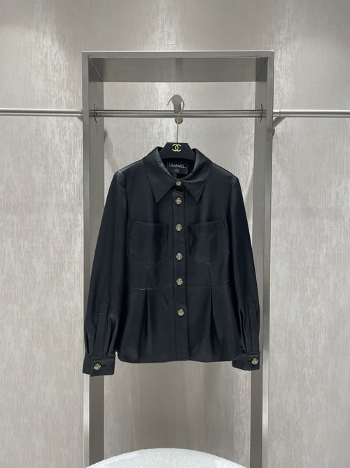 Chanel Workwear-inspired Sheepskin Jacket with Waistband and Ruffled Edge