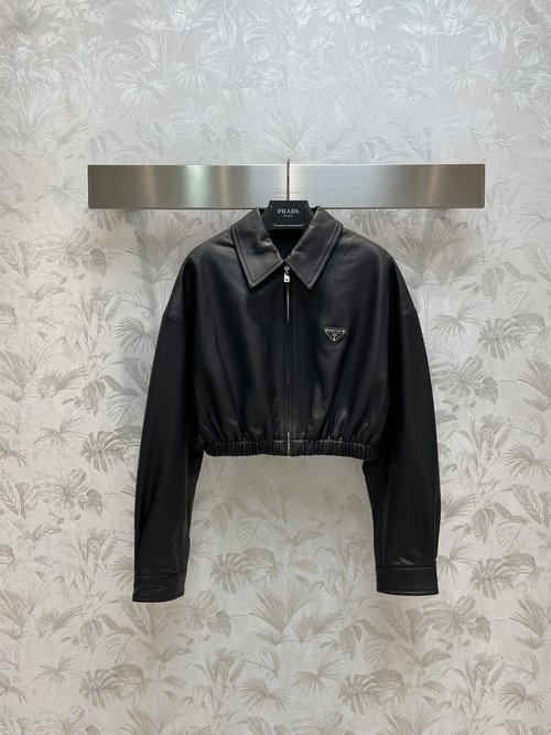 Prada New Short Leather Jacket with High Waist Design and Logo Accent