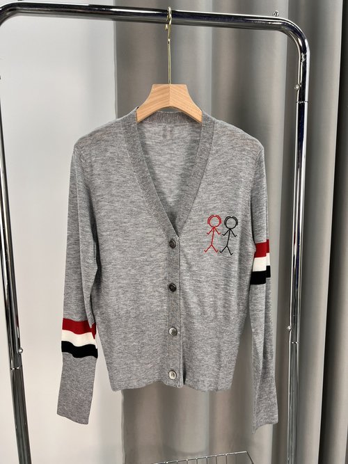 Thom Browne College Style Matchstick Knit Cardigan with Contrast Stripes