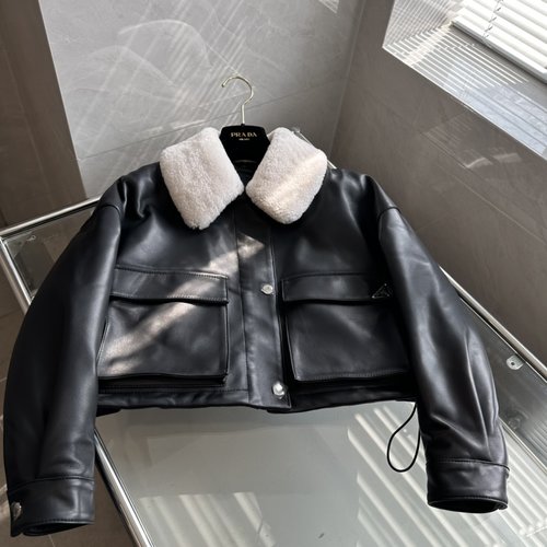 Prada PRADA Genuine Leather and Cotton Flight Jacket