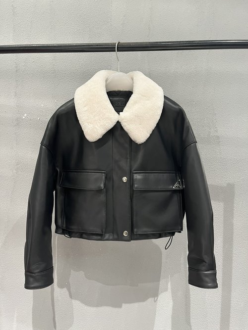 Prada Short Cotton-lined Sheepskin Coat with Loose Fit