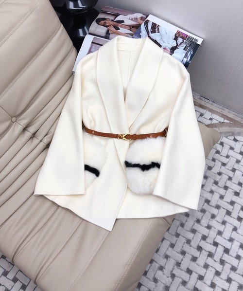 Fendi Fox Fur Accented Classic Short Cashmere Coat with Belt Detail