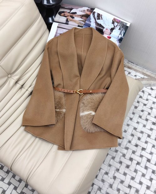 Fendi Fox Fur Accented Classic Short Cashmere Coat with Belt Detail