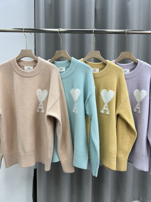 Ami Soft Alpaca Blend Knit Sweater with Heart Cloud Design