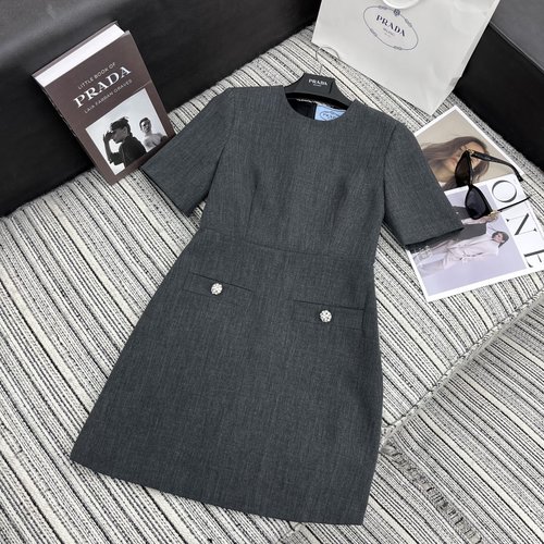 Prada Grey Short-Sleeved A-Line Dress with Rhinestone Buttons