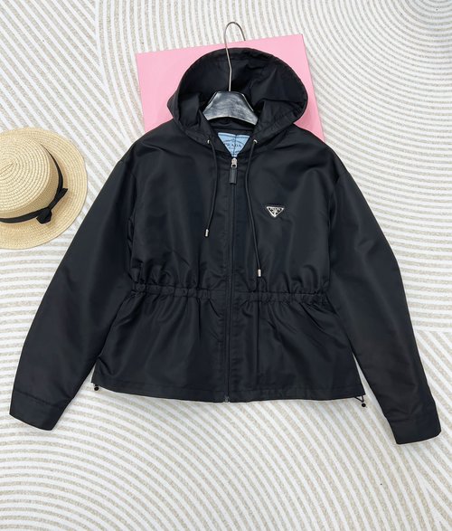 Prada Nylon Hooded Zipper Casual Jacket with Triangle Logo Decoration