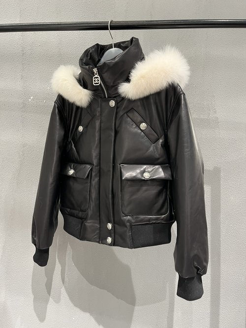 Chanel Imported Vegetable-tanned Leather Down Jacket with Fox Fur Collar
