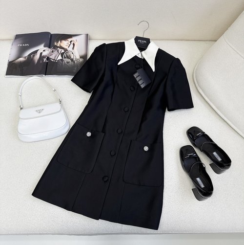 Prada Black Classic Zircon Dress with Contrast Collar