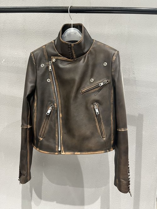 Prada New Style Hand-Rubbed Sheepskin Motorcycle Leather Jacket with Original Accessories