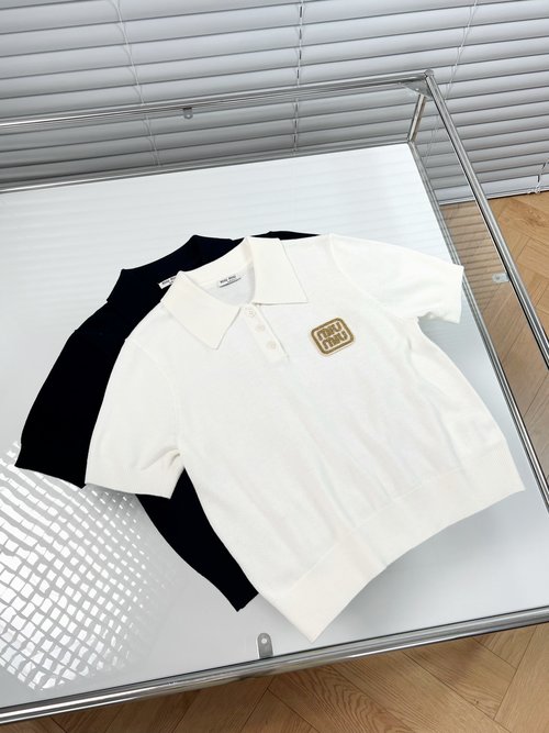 Miu Miu Gold Emblem Logo Retro Polo Short-Sleeved Knit Shirt