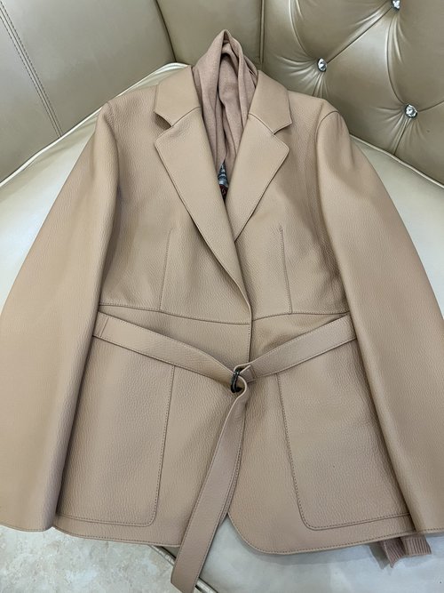 Hermes Elegant Khaki - colored Leather Coat with Detachable Scarf