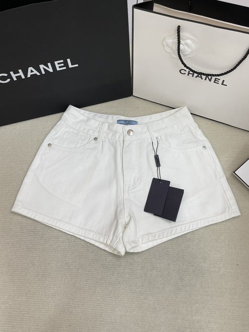 Prada Classic High Waist Denim Shorts with Vintage Wash Effect, Refined