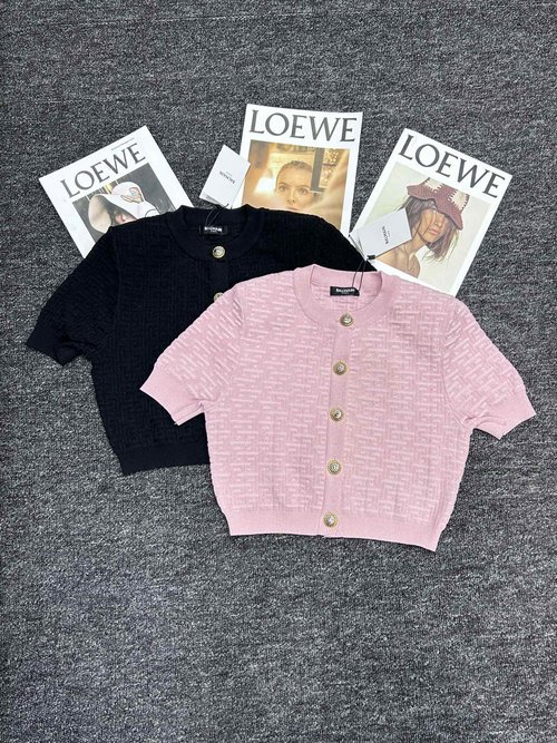 Balmain Elegant Gold-Thread Jacquard Round-Neck Short-Sleeved Cardigan