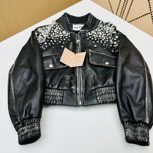 Miu Miu Handmade Rhinestone-Embellished Vintage Short Leather Jacket