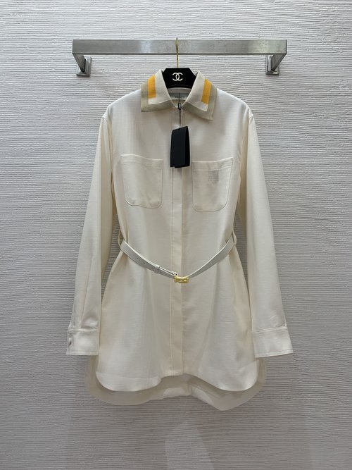 Fendi Loose-fit Belted Dress with Contrast Collar and FF Jacquard