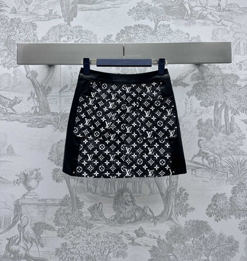 Louis Vuitton Leather-Patched Jacquard Denim Skirt, Retro Style