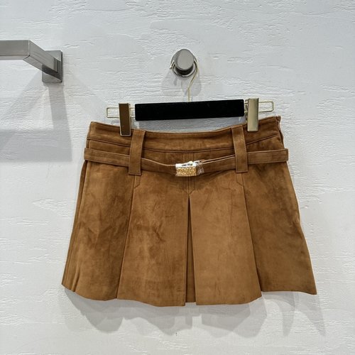 Miu Miu Exclusive Vintage Gold-Brown Suede Mini Skirt with Belt, Stylish Appeal